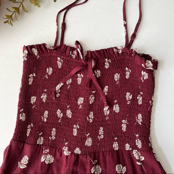 Olivaceous | Burgundy Floral Print Smocked Jumpsuit - Picture 4 of 6